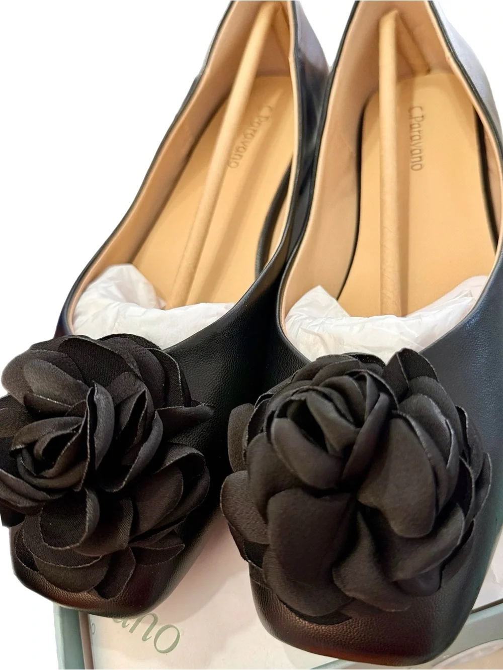 NIB C. Pavarano Black Floral Square Toe Leather Ballet Flats Size 7.5 (38)